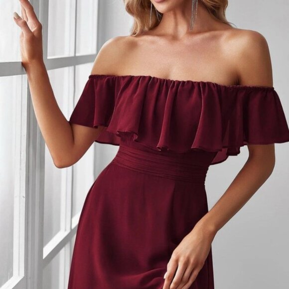 Off Shoulder Rust Red Dress Wedding Prom Chiffon Poly Lined M 8 10 Christmas Val - Picture 2 of 9